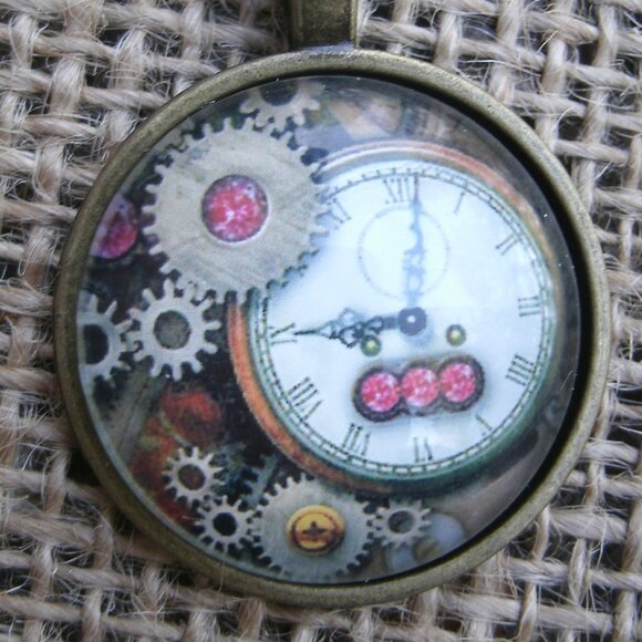 Steampunk Clock & Gears Glass Cabochon Pendant Necklace - Picture 2 of 12